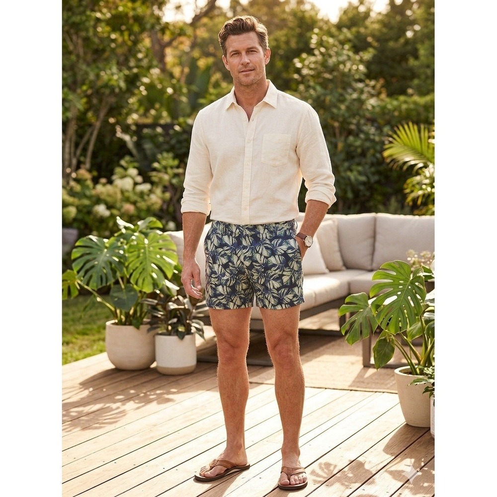 Goodthreads Men's Size 36 Palm Monstera Leaf Shorts Nylon Stretch Flat Front